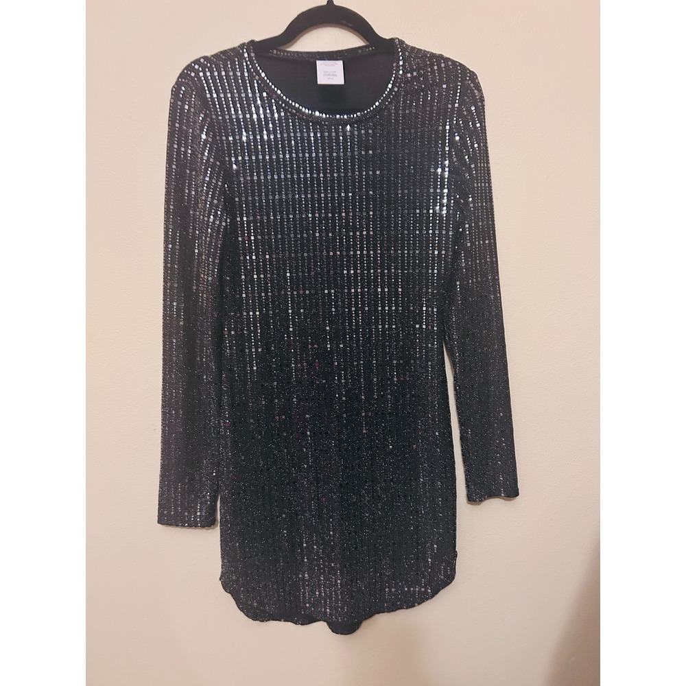 B. Darlin Mini Dress Women Medium Black Excellent Sparkly Lurex Grid Long Sleeve